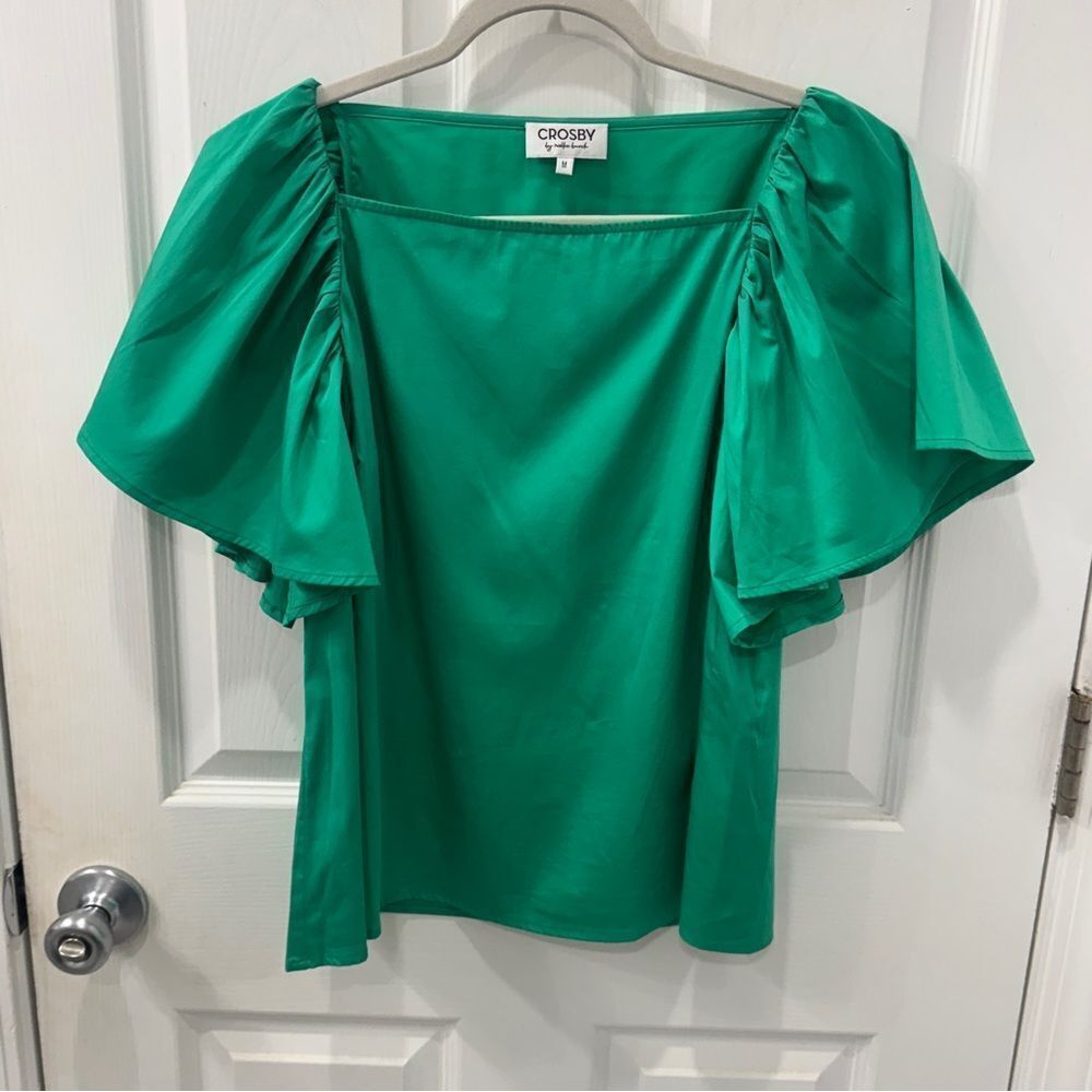 CROSBY by Mollie Burch Green Ruched Ruffled Blouse- size medium - Picture 5 of 5